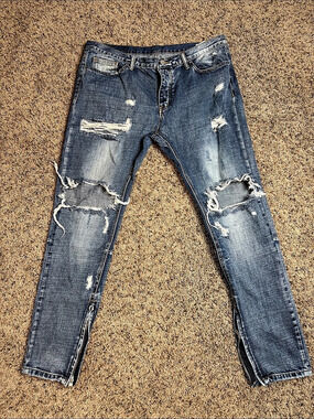 MNML Distressed Skinny Jeans in Blue Waist 40